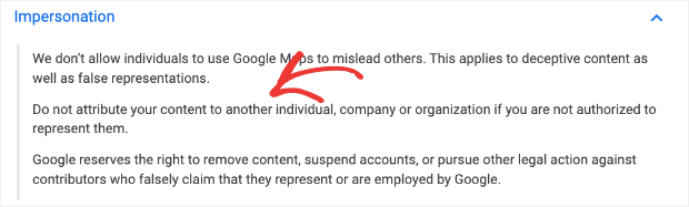 Google review policy on impresonation