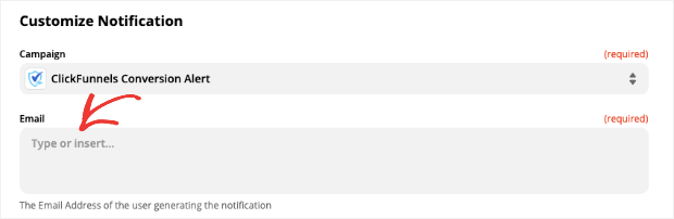 Insert Email address for ClickFunnels conversion alert notification