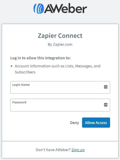 Aweber login for Zapier