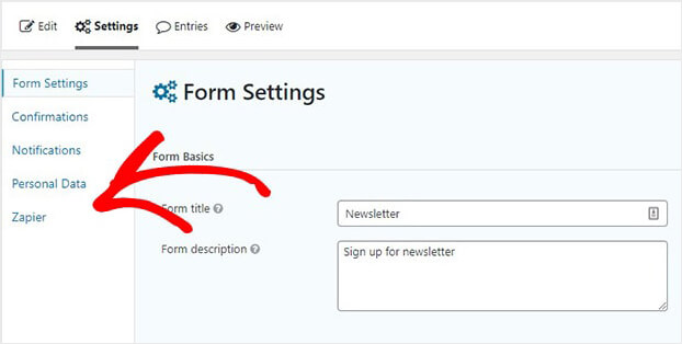 Gravity Forms Zapier in WordPress Form Settings