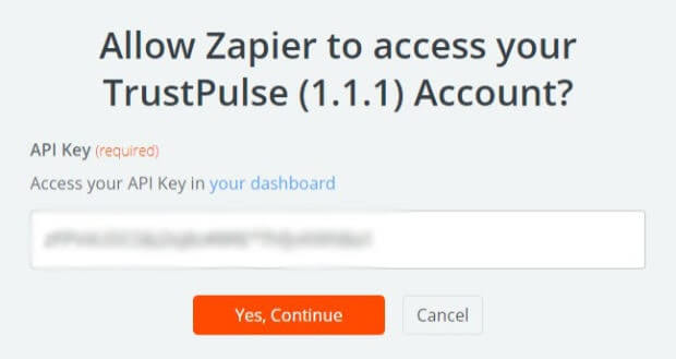 Zapier TrustPulse API key continue