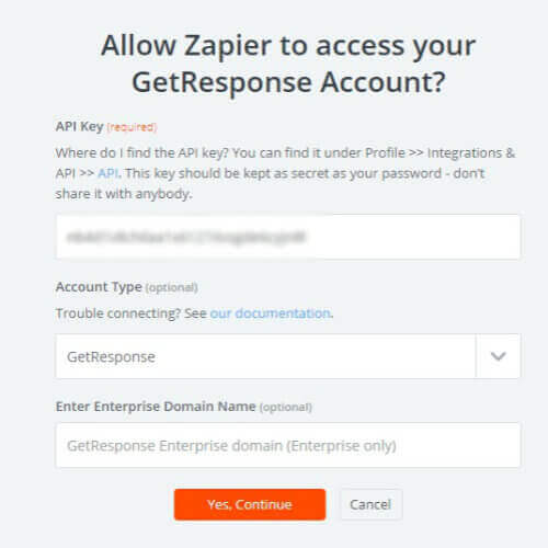 Add GetResponse key to Zapier window
