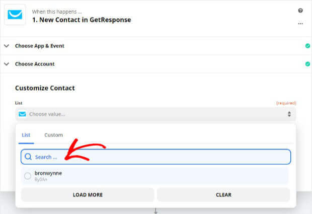 Choose GetResponse list in Zapier
