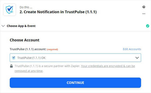 Choose Trustpulse account in Zapier and continue (1)