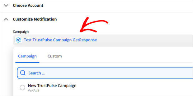 GetResponse campaign in TrustPulse dropdown