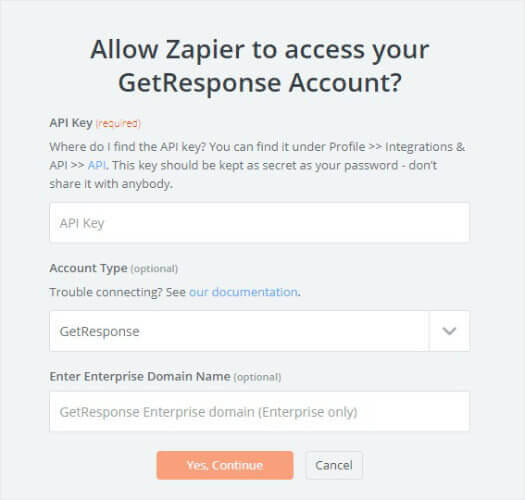 Getresponse API window Zapier
