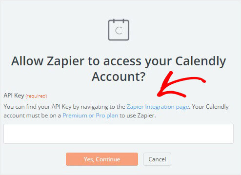 Calendly Zapier API key window