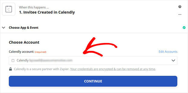 Click Continue Calendly in Zapier