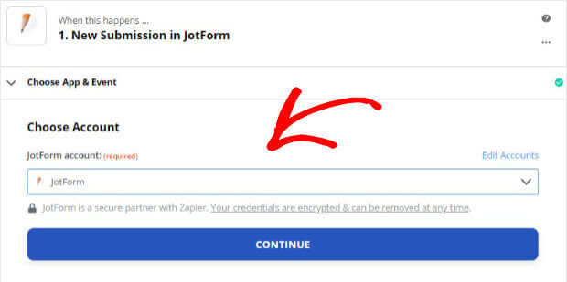 Continue after adding JotForm account