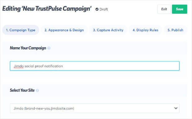 Name Jimdo social proof notification campaign in TrustPulse