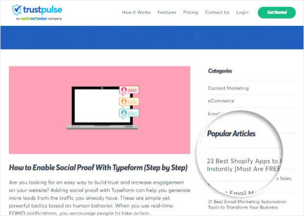 TrustPulse popular articles social proof_