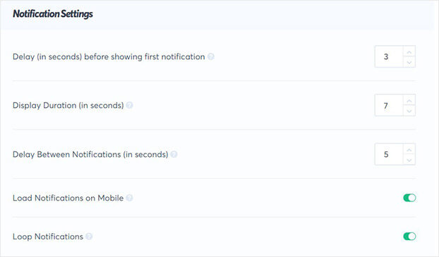 TrustPulse social proof notification display settings_
