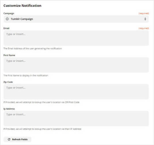 Tumblr social proof notification fields in Zapier_