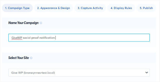 Name social proof notification GiveWP campaign