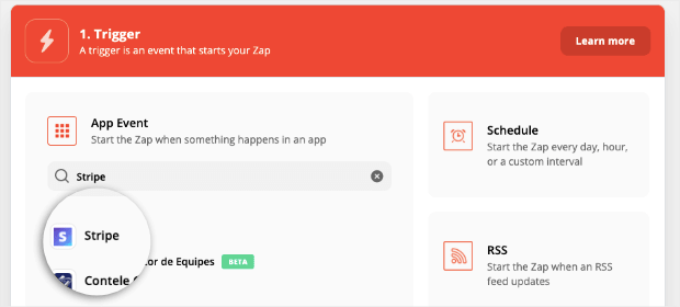 Select stripe as your trigger in zapier