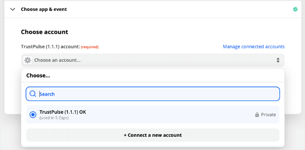 Select trustpulse account in Zapier