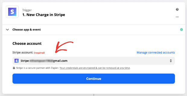 Select your Stripe Account in Zapier
