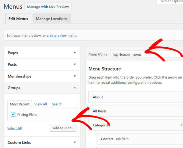 add pricing plans page to wp menu