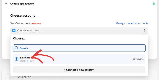 choose your samcart account with zapier