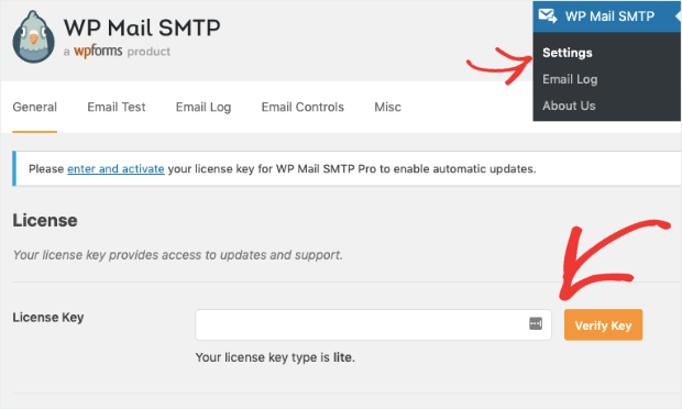 enter license key for wp mail smtp