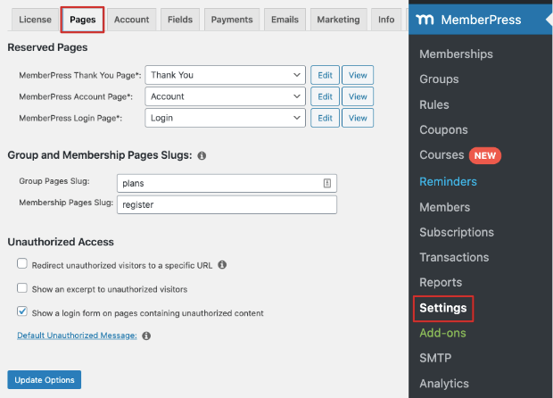 memberpress settings page