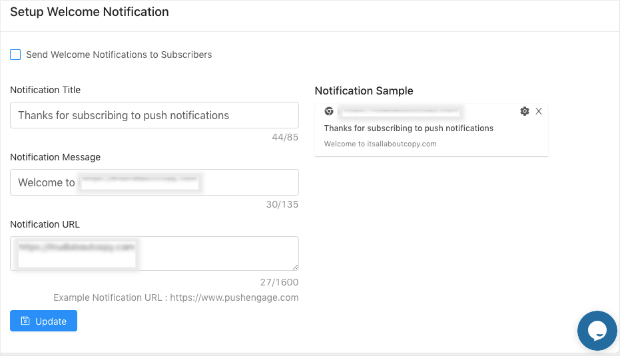 setup welcome notification to create push notifications