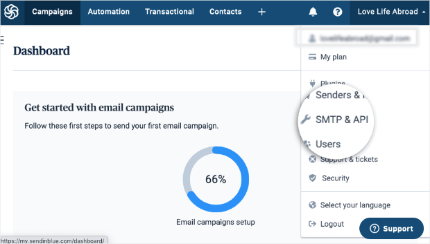 smtp and api in sendinblue account