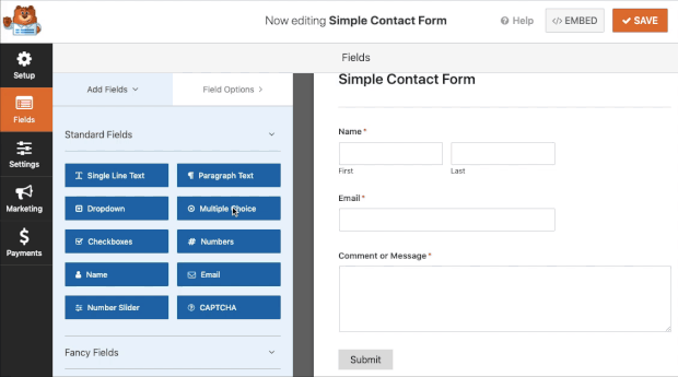 drag and drop fields into wpforms contact form
