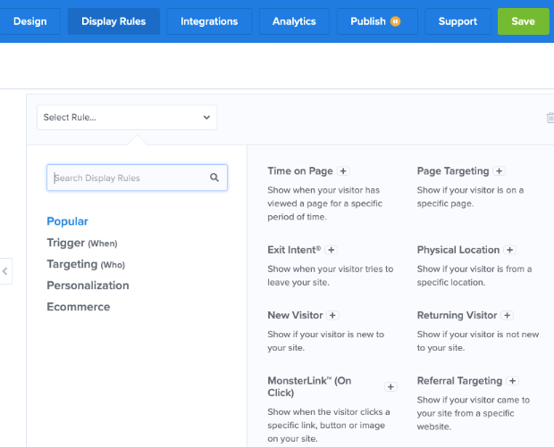 optinmonster display rule options