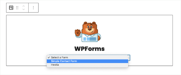 select your contact form with wpforms block