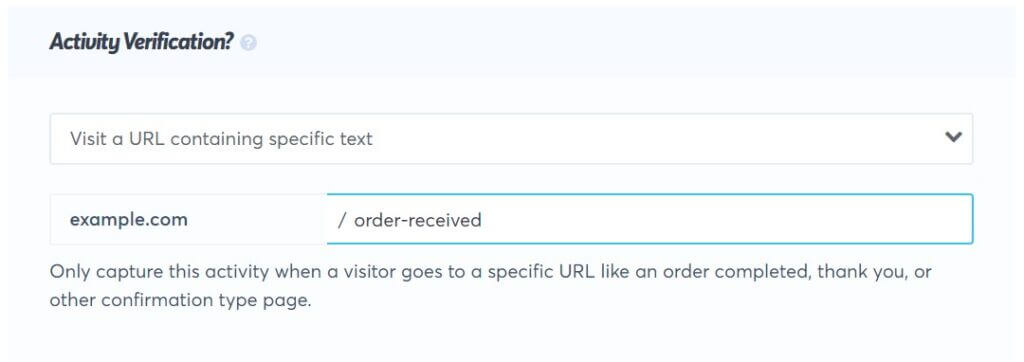 Activity verification for a success page that includes order-received