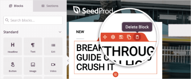 delete block option seedprod