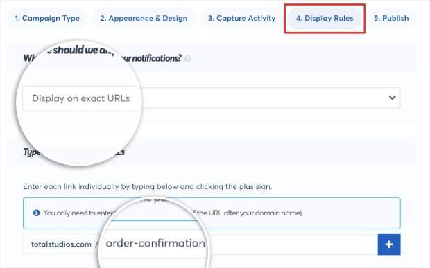 trustpulse display on exact url