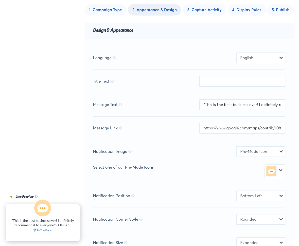 Edit the Appearance and Design components of your Action message