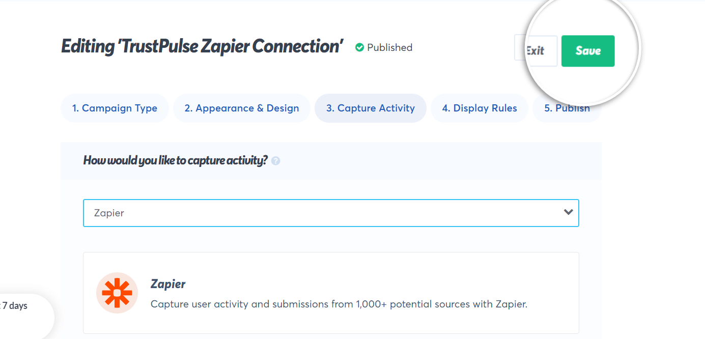 save after selecting zapier as the capture activity option