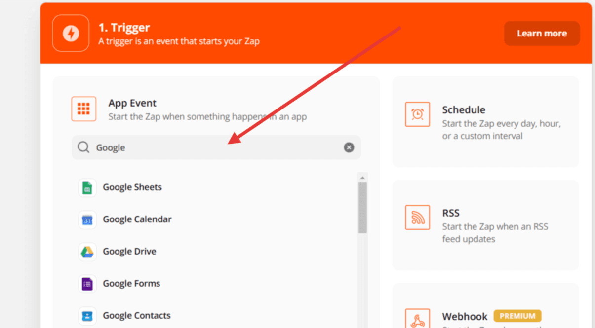 search for the zapier trigger application you want to use