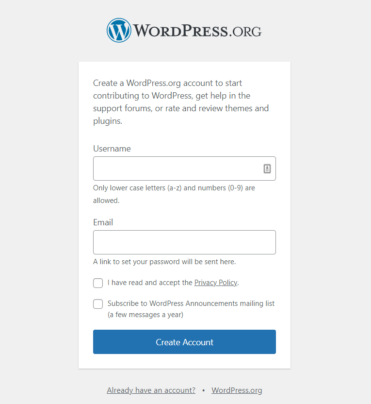 create wordpress dot org account 