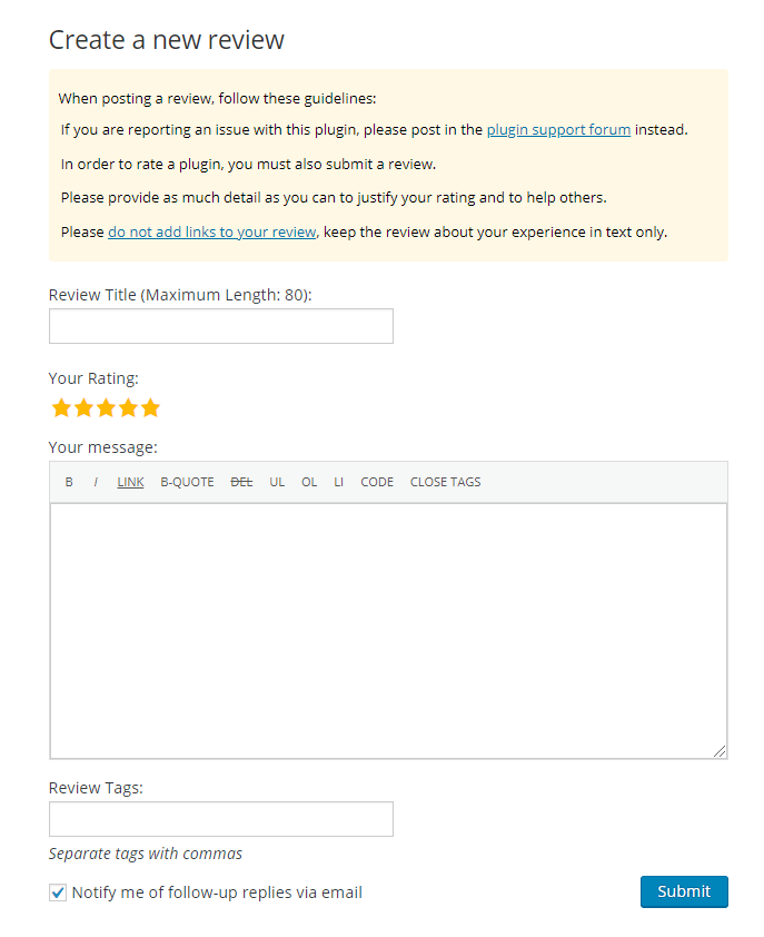 fill in the wordpress dot org review form
