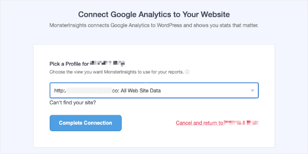 complete connection in monsterinsights