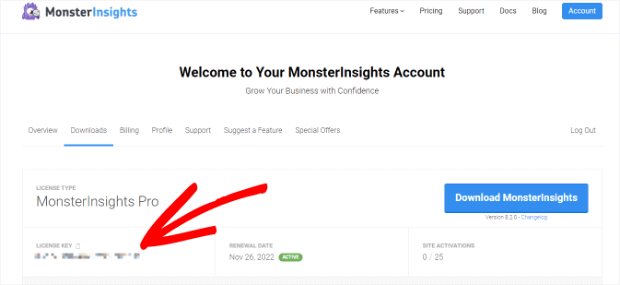 monsterinsights my account page