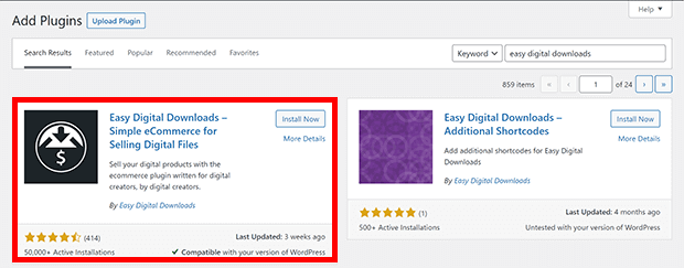 The plugins page on the WordPress dashboard showing Easy Digital Downloads available for free download