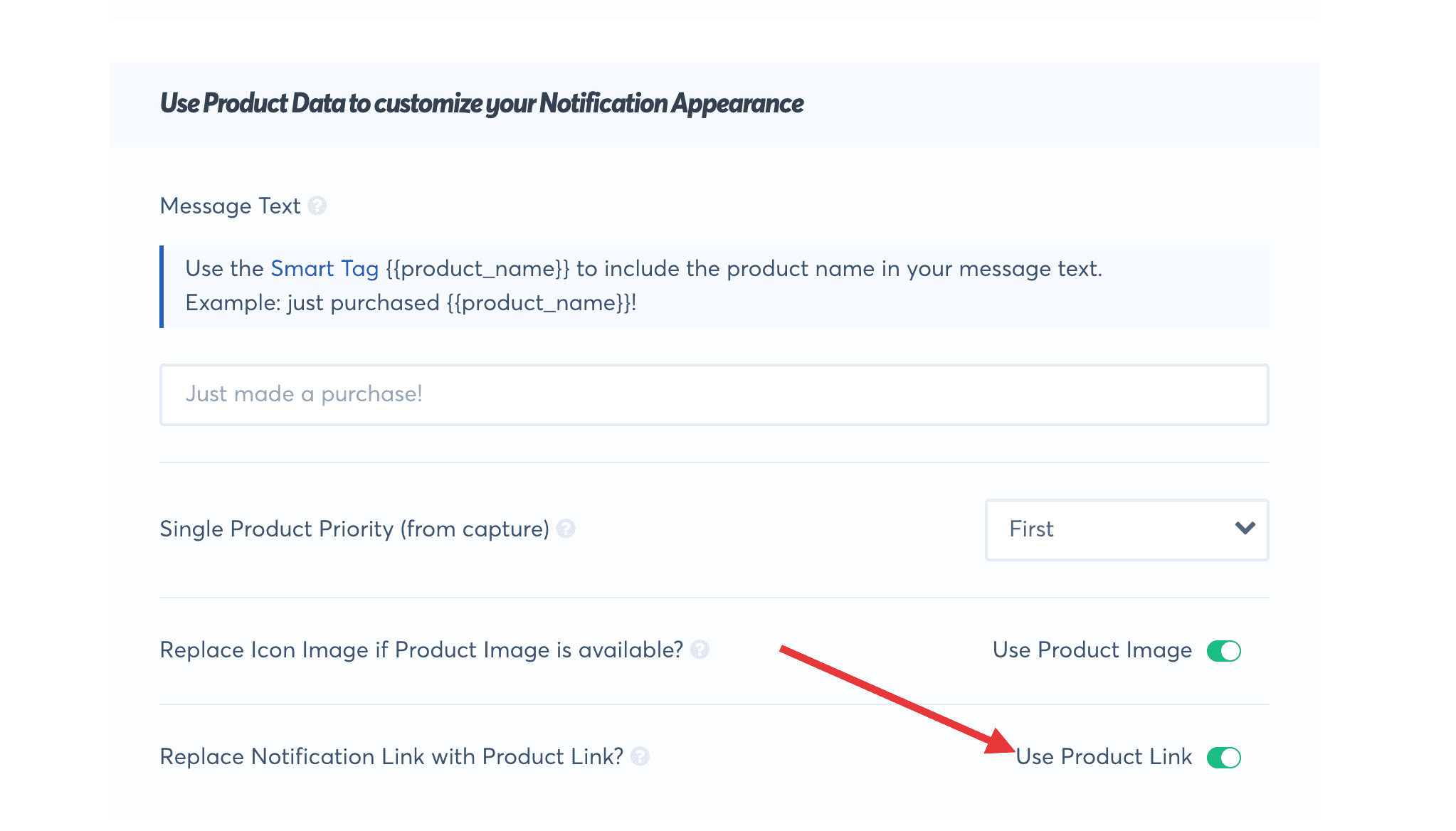 toggle on use product link option