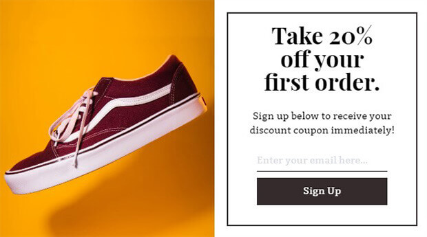 ecommerce email marketing signup form offering 20% off an order