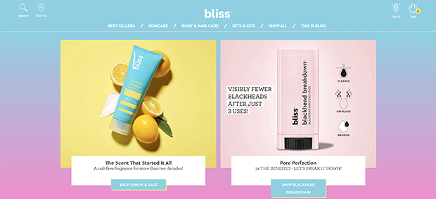 Bliss homepage is a great example of ecommerce website design