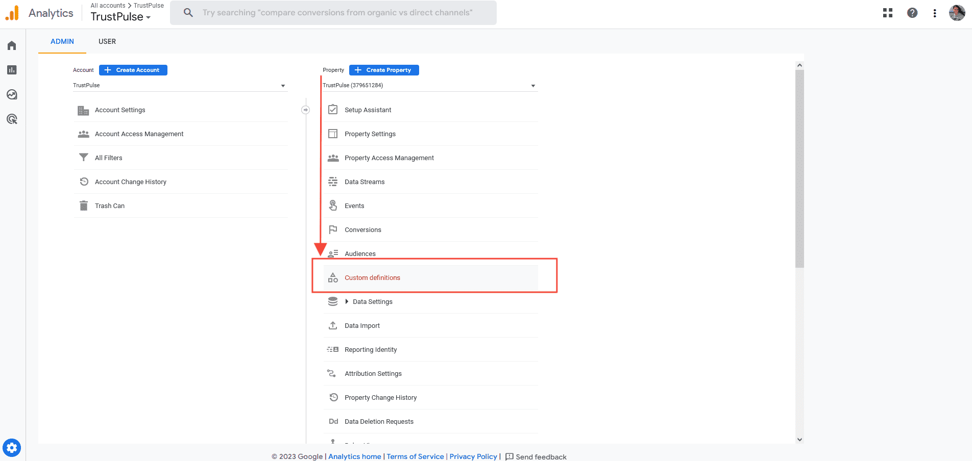 Select Custom Definitions in Google Analytics - TrustPulse