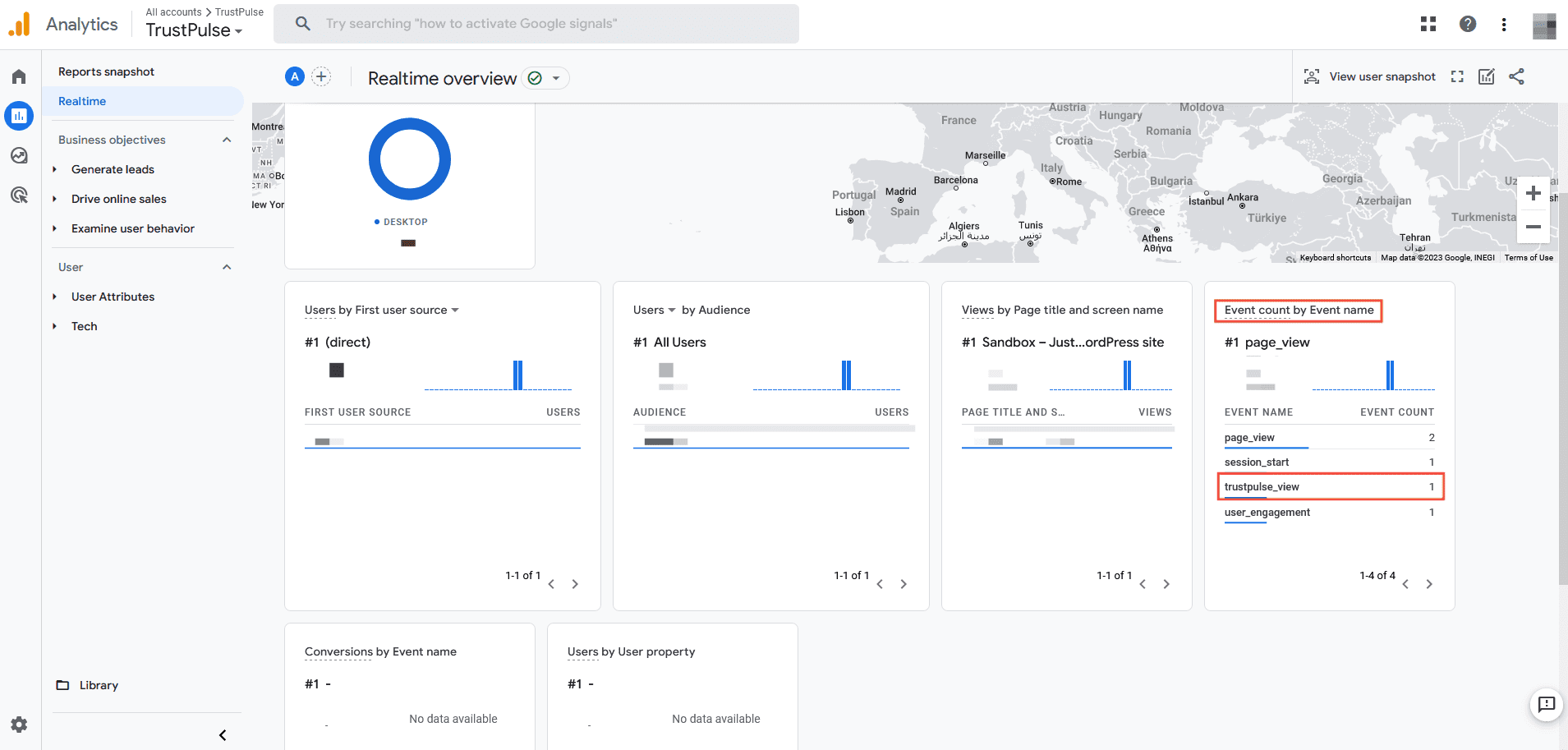 Default Realtime report for TrustPulse Events in Google Analytics. - TrustPulse